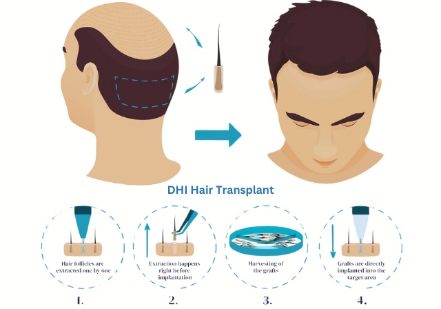 Step-by-step visual guide of a DHI hair transplant procedure, showing follicular unit extraction and direct implantation using Choi pens for natural density.
