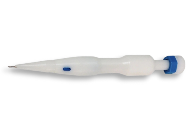 Close-up of a surgeon's hand using a DHI Choi Implanter Pen for precise, direct hair follicle implantation during a hair transplant procedure.
