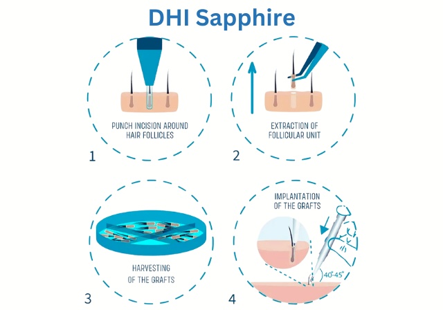 Comparative illustration showing the difference between a DHI Choi Pen implanting a hair follicle and a Sapphire FUE blade creating a recipient site, highlighting two advanced hair transplant technologies.
