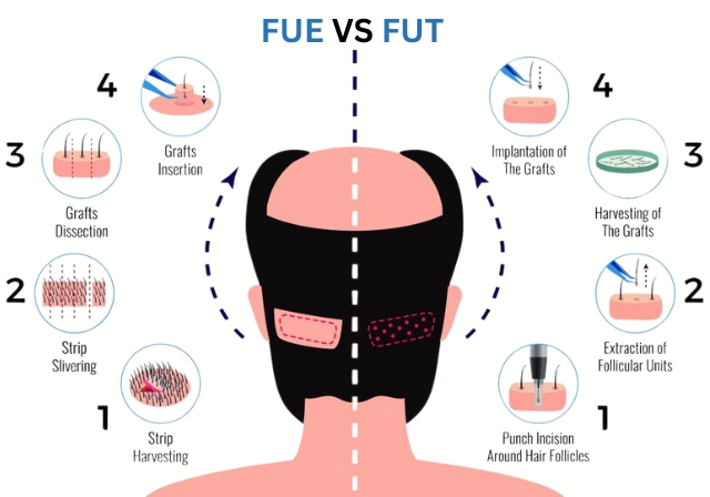 Visual comparison diagram: Left shows FUE (Follicular Unit Extraction) with dotted extraction points; Right shows FUT (Follicular Unit Transplantation) with a donor strip removal and suture line.