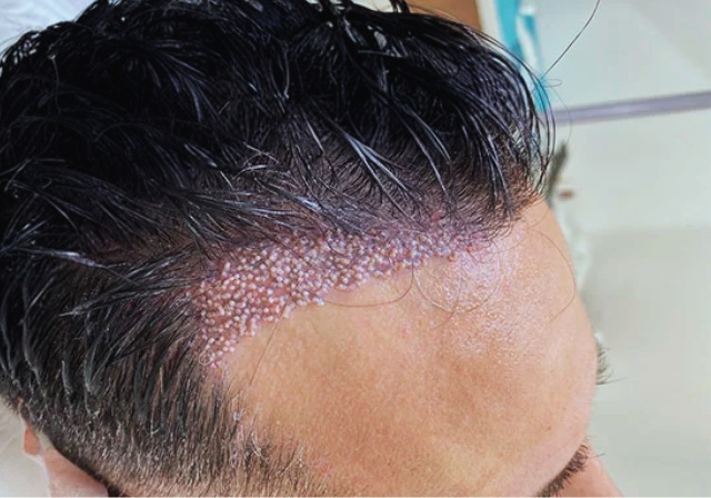 Discreet unshaven DHI hair transplant procedure in progress, showing long existing hair parted to access the recipient area for implantation without any shaving. long hair dhi transplant