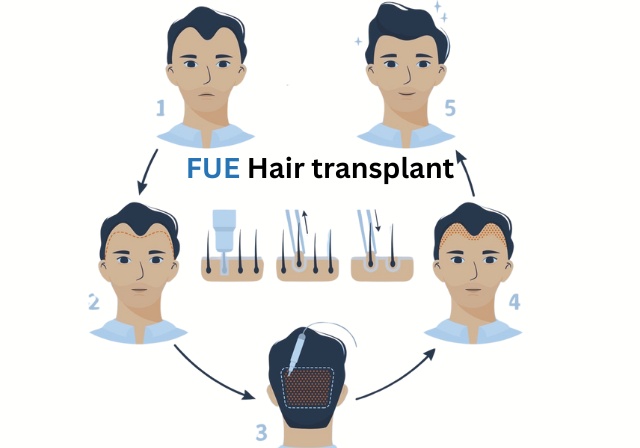 High-resolution before and after photos of a patient showing natural hairline and density results from an FUE (Follicular Unit Extraction) hair transplant procedure.