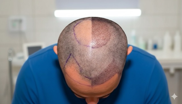 Comparison visual between DHI Choi Pen and Sapphire FUE hair transplant techniques, highlighting the different tools and implantation methods side-by-side.